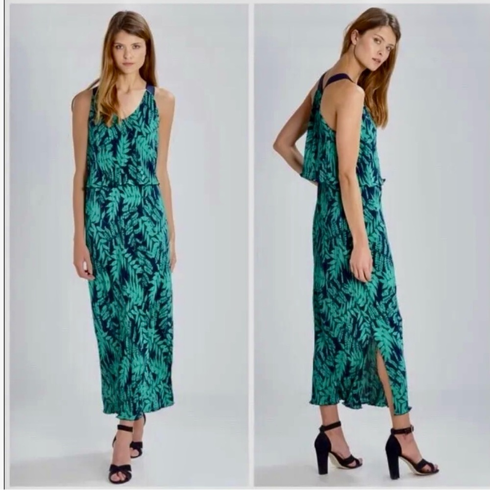 Banana Republic Pleated Tropical Green Navy Maxi Dress